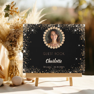 Guest book birthday black gold photo diamonds