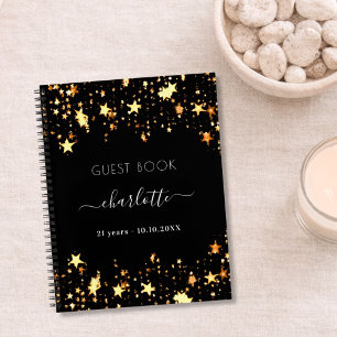 Guest book birthday black gold stars name