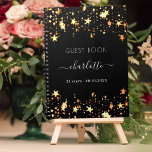 Guest book birthday black gold stars name<br><div class="desc">A guest book for a feminine and glamourous 21st (or any age) birthday party.  A stylish black background with faux gold stars.  Add your name,  age 21/text.</div>