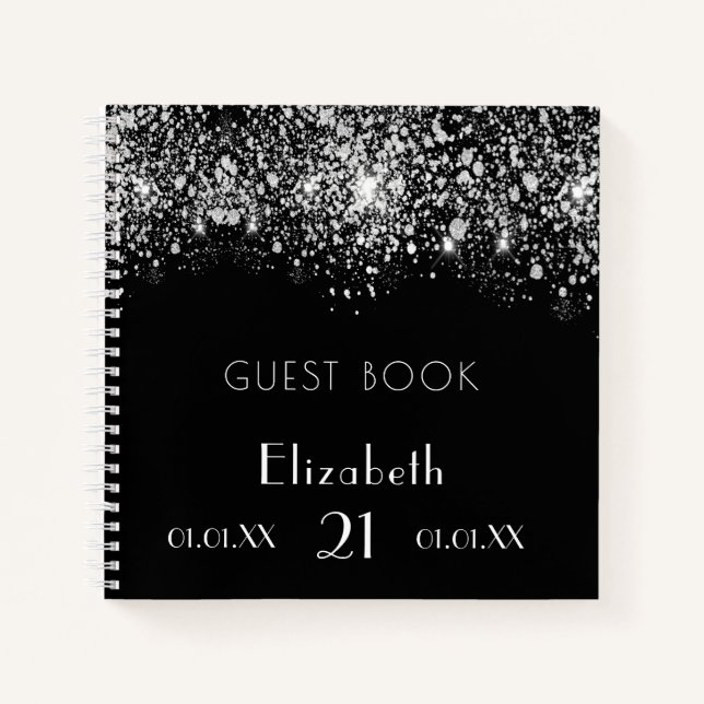 Guest book birthday black silver glitter monogram (Front)
