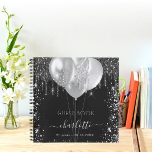 Guest book birthday black silver glitter name