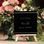 Guest book birthday black silver minimalist<br><div class="desc">A classic black background,  a faux silver looking frame.  Personalise and a name and age/date. White text.</div>