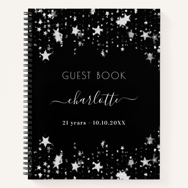 Guest book birthday black silver stars name (Front)