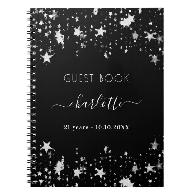 Guest book birthday black silver stars name (Front)