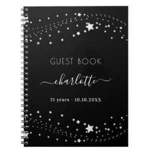Guest book birthday black silver stars name