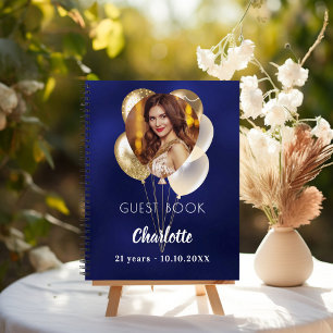 Guest book birthday blue photo gold balloons