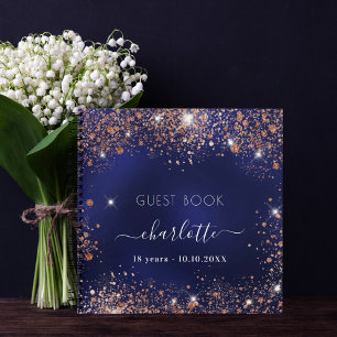 Guest book birthday blue rose gold glitter script