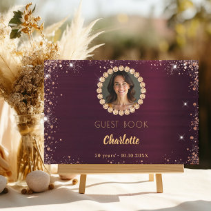 Guest book birthday burgundy photo diamonds