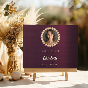 Guest book birthday burgundy photo diamonds