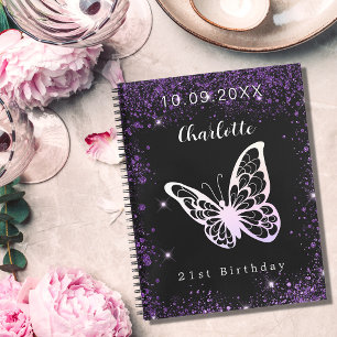 Guest book birthday butterfly black purple glitter
