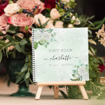 Guest book birthday floral eucalyptus green<br><div class="desc">A white background color. Decorated with eucalyptus greenery,  golden foliage and faux gold glitter dust.  Add a name,  age and a date.</div>