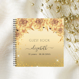 Guest book birthday gold roses florals glitter