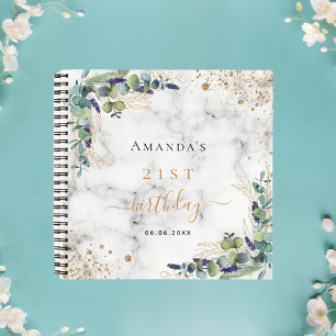 Guest book birthday marble eucalyptus greenery