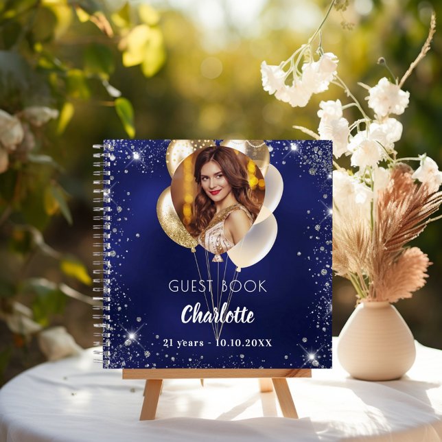 Guest book birthday navy blue gold photo balloons (Creator Uploaded)