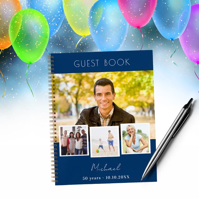 Guest book birthday navy blue photo collage (Creator Uploaded)