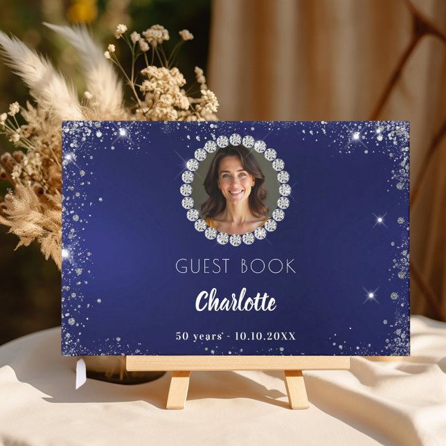 Guest book birthday navy blue photo diamonds (Creator Uploaded)