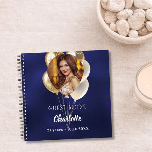 Guest book birthday navy blue photo gold balloons