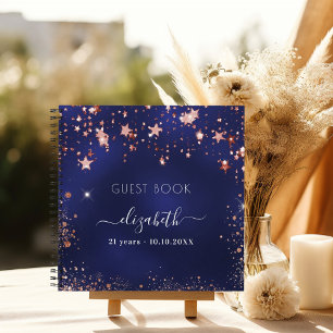 Guest book birthday navy blue rose gold stars name
