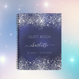 Guest book birthday navy blue silver glitter