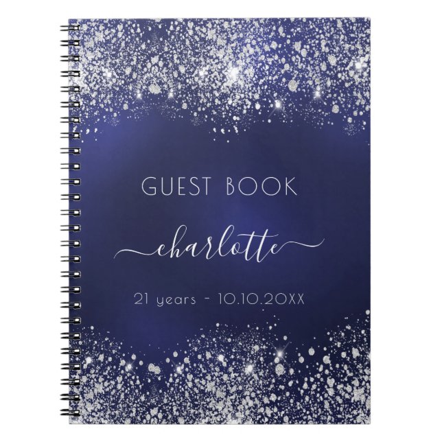 Guest book birthday navy blue silver glitter (Front)