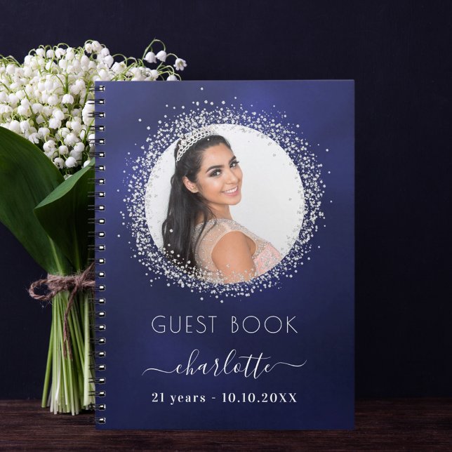 Guest book birthday navy blue silver glitter photo (Creator Uploaded)