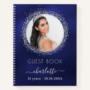 Guest book birthday navy blue silver glitter photo
