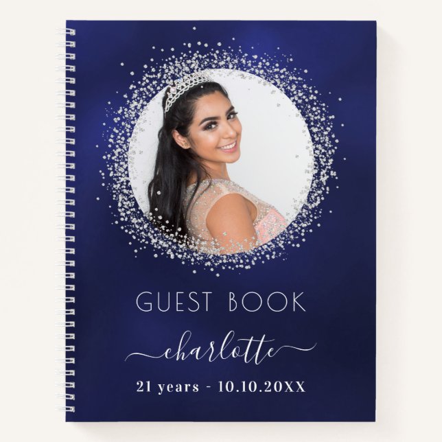 Guest book birthday navy blue silver glitter photo (Front)