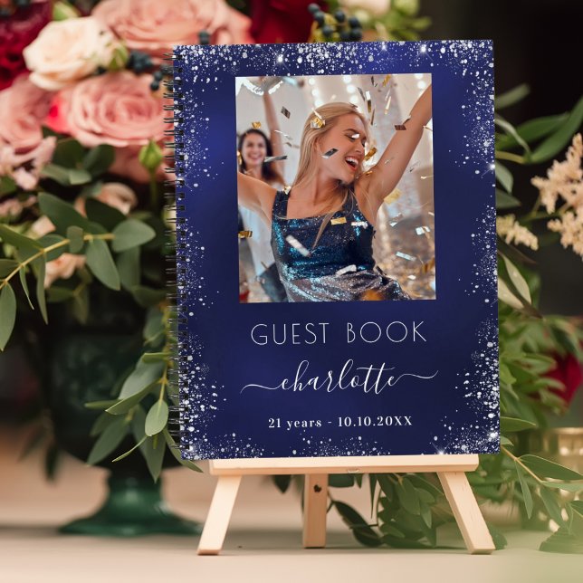 Guest book birthday navy blue silver photo (Creator Uploaded)
