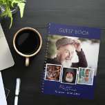Guest book birthday navy blue white photo collage<br><div class="desc">Create your own unique photo collage. Use four,  4 of your favourite photo.   Personalise and a name and age/dates. Navy blue background,  white text.  For both him and her.</div>