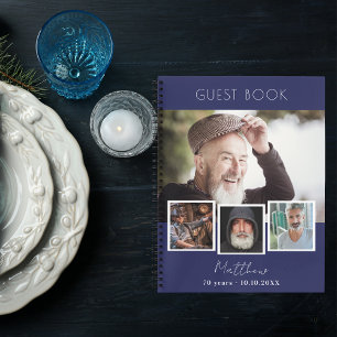 Guest book birthday navy blue white photo collage