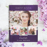 Guest book birthday purple photo collage<br><div class="desc">Create your own unique photo collage. Use four,  4 of your favourite photo.   Personalise and a name and age/dates. A purple,  uneven coloured background,  white text.</div>
