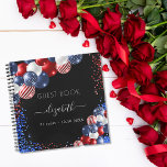 Guest book birthday red white blue patriotic USA<br><div class="desc">Black background. Decorated with patriotic coloured  balloons in red blue and white. Blue and red sparkles.  Add your name,  age/text</div>
