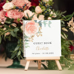 Guest book birthday rose gold floral greenery<br><div class="desc">A chic white background. Decorated with a rose gold and blush pink watercolored rose flower,  floral,  green eucalyptus leaves,  sprigs,  greenery and faux gold sprigs. Personalise and a name and age/text.   The name is written with a modern hand lettered style script.</div>