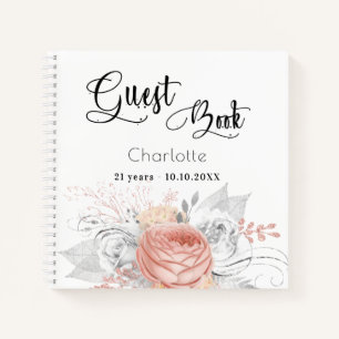 Guest book birthday rose gold floral silver