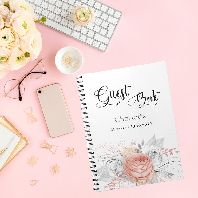 Guest book birthday rose gold floral silver (Creator Uploaded)
