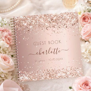 Guest book birthday rose gold glitter monogram
