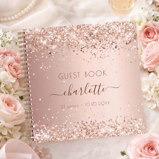 Guest book birthday rose gold glitter monogram (Creator Uploaded)