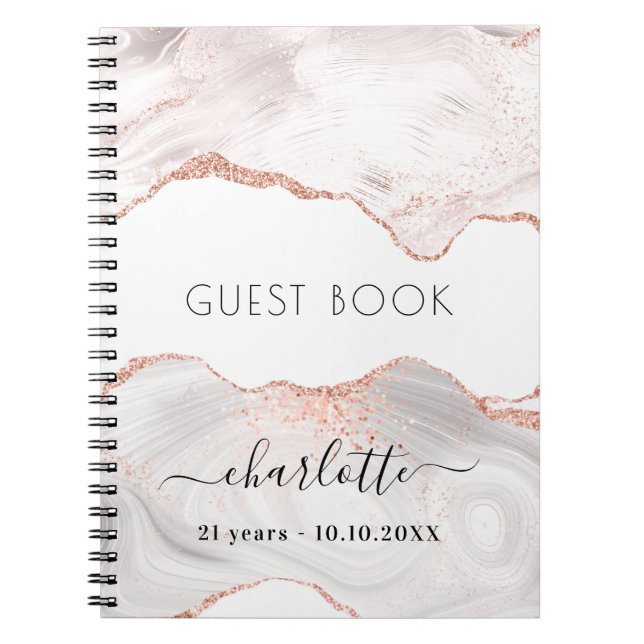 Guest book birthday rose gold marble agate (Front)
