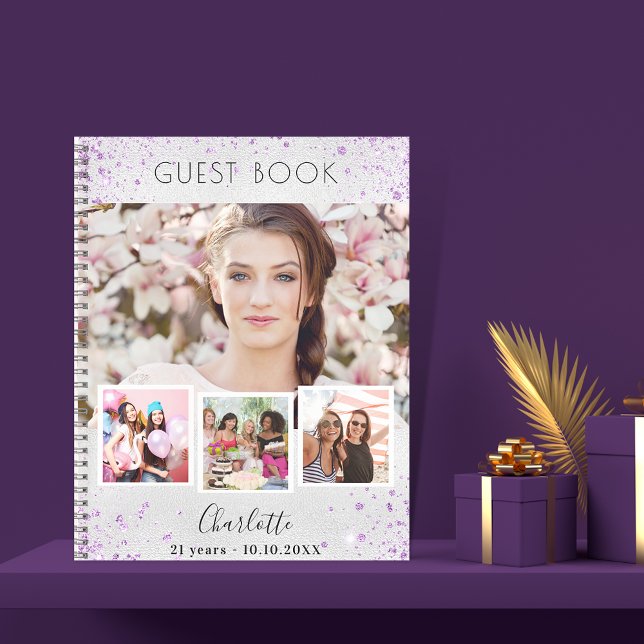 Guest book birthday silver lavender photo collage (Creator Uploaded)