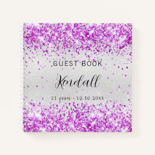 Guest book birthday silver purple pink glitter