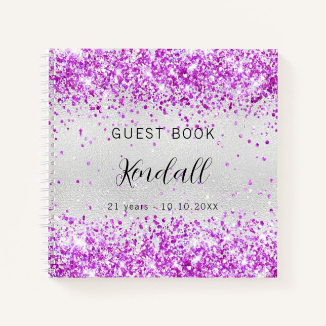 Guest book birthday silver purple pink glitter (Front)