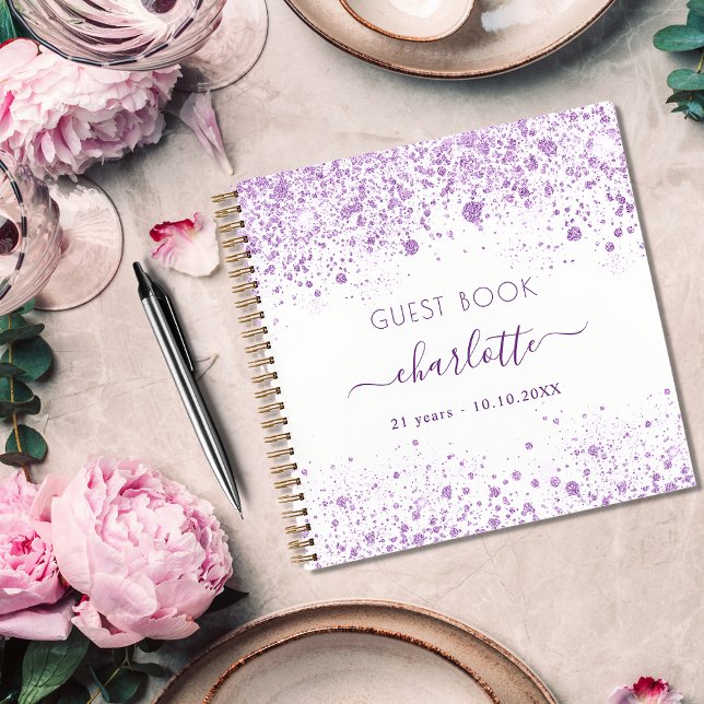 Guest book birthday violet white glitter monogram (Creator Uploaded)