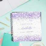 Guest book birthday violet white lavender glitter<br><div class="desc">A guestbook for a feminine and glamourous 21st (or any age) birthday party. A stylish white background with violet, lavender coloured faux glitter dust. Add your name, age 21/text. The name is written with a modern hand lettered style script with swashes. To keep the swashes only delete the sample name,...</div>