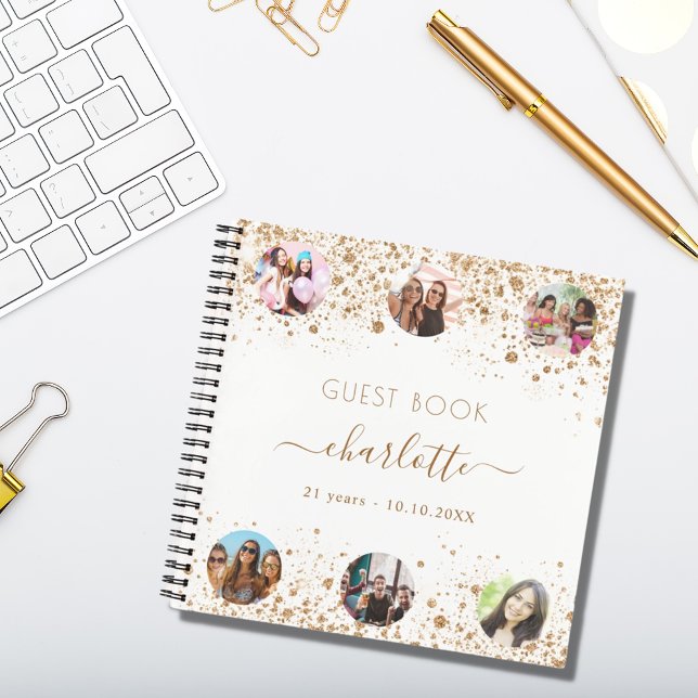 Guest book birthday white gold glitter name photo (Creator Uploaded)