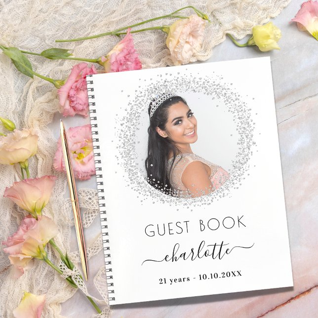 Guest book birthday white silver glitter photo (Creator Uploaded)