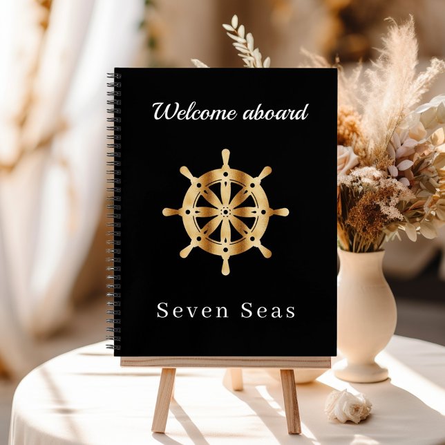 Guest book black yacht name gold steering wheel (Creator Uploaded)