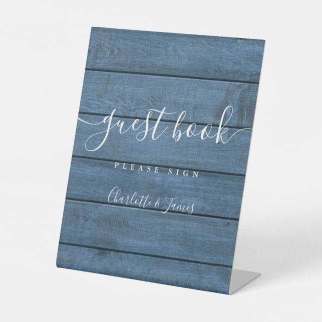 Guest Book Blue Rustic Wood Signature Script Pedestal Sign (Front)