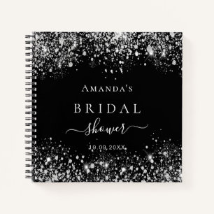 Guest book bridal shower black silver glitter name