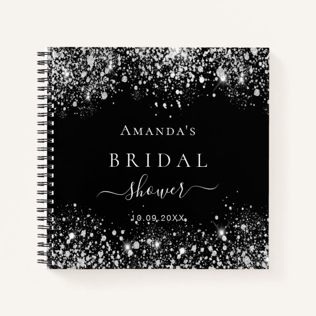 Guest book bridal shower black silver glitter name (Front)