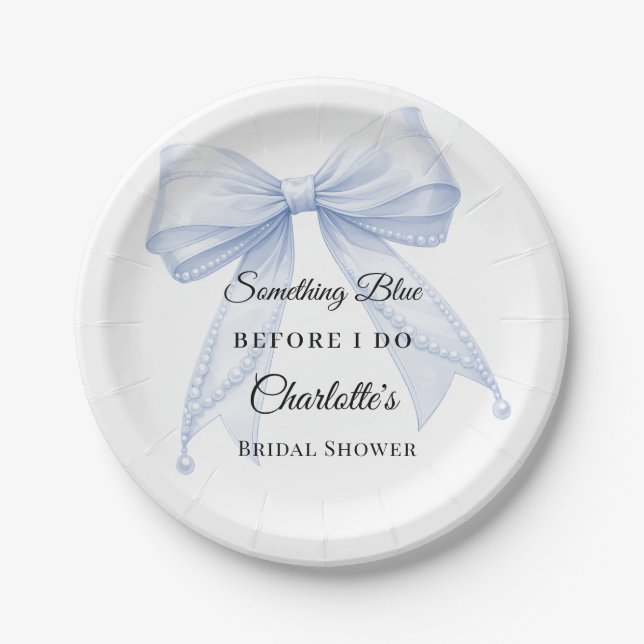 Guest book Bridal Shower bow something blue Paper Plate (Front)
